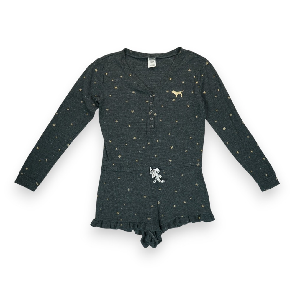 Victoria's Secret Romper Pajama Large Womens Gold Grey‎ Shorts Jumpsuit
